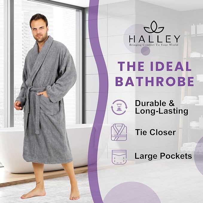 HALLEY Luxury Bathrobe for Women & Men, Shawl Collar Spa Bath Robes Terry Cotton Ultra Soft Shower Robe with Pockets