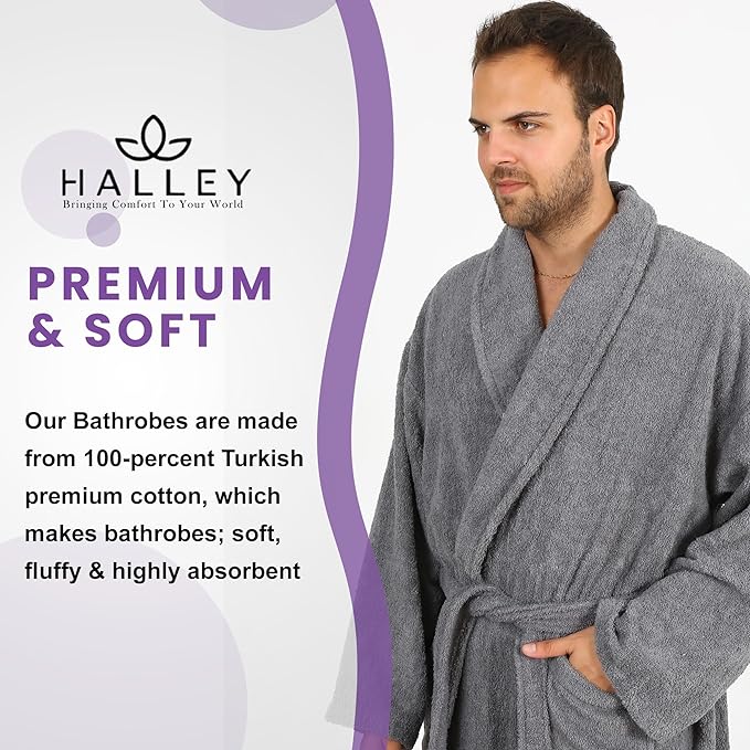 HALLEY Luxury Bathrobe for Women & Men, Shawl Collar Spa Bath Robes Terry Cotton Ultra Soft Shower Robe with Pockets