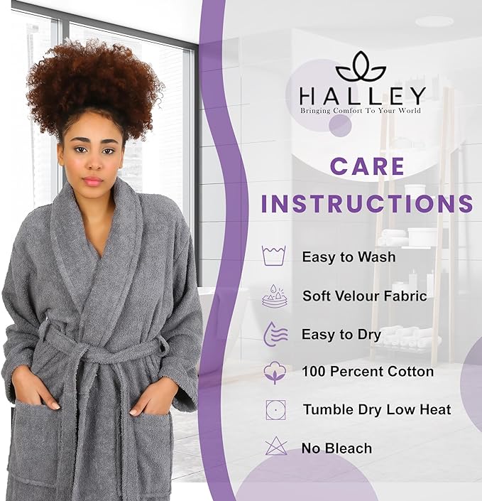 HALLEY Luxury Bathrobe for Women & Men, Shawl Collar Spa Bath Robes Terry Cotton Ultra Soft Shower Robe with Pockets