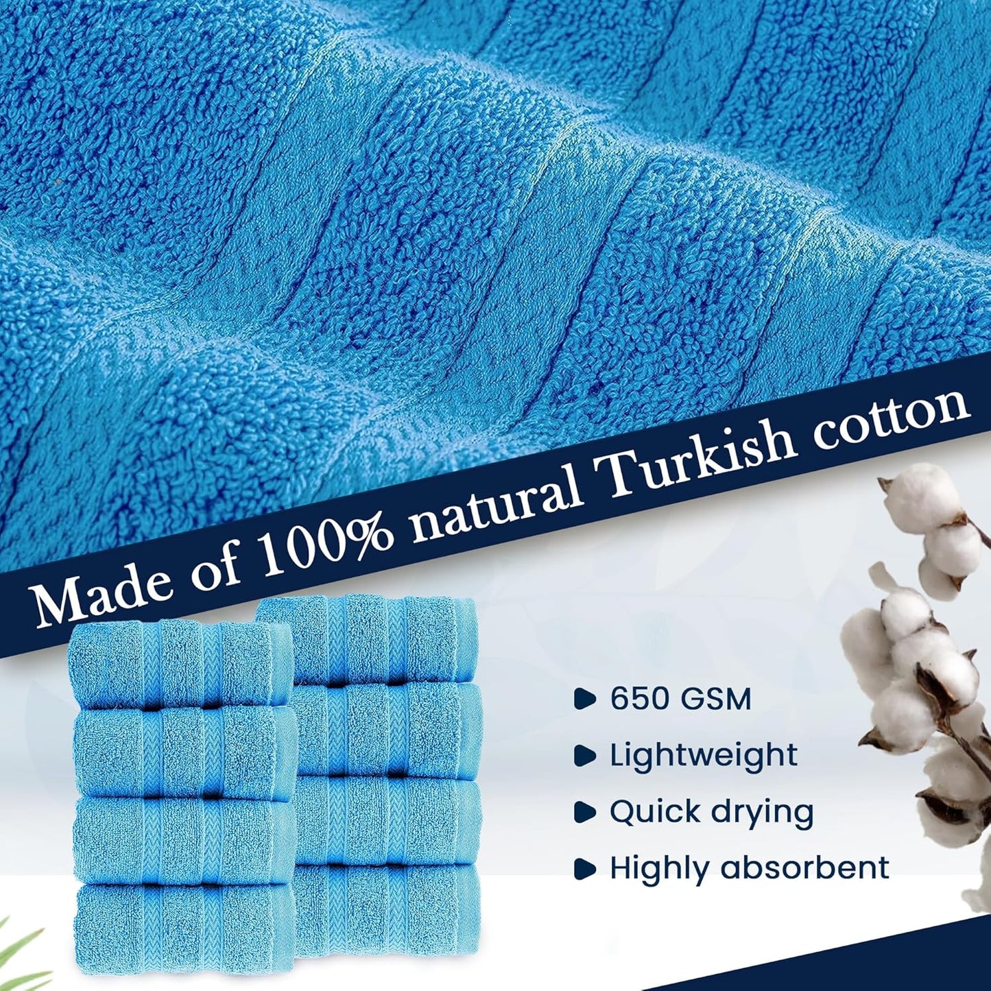 HALLEY Turkish Premium Bath Towels 650 GSM Highly Absorbent Super Soft 100% Cotton (4-Pack Bath/Hand/Washcloth)
