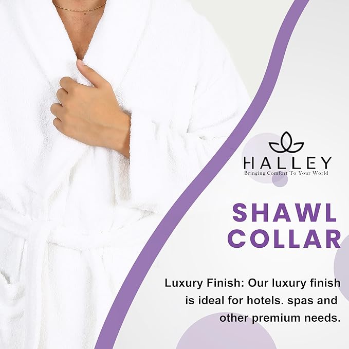 HALLEY Luxury Bathrobe for Women & Men, Shawl Collar Spa Bath Robes Terry Cotton Ultra Soft Shower Robe with Pockets