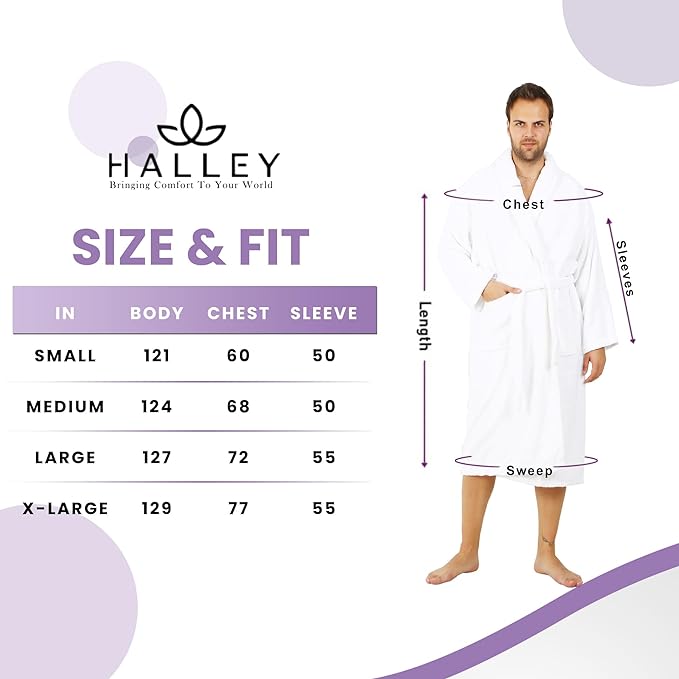 HALLEY Luxury Bathrobe for Women & Men, Shawl Collar Spa Bath Robes Terry Cotton Ultra Soft Shower Robe with Pockets